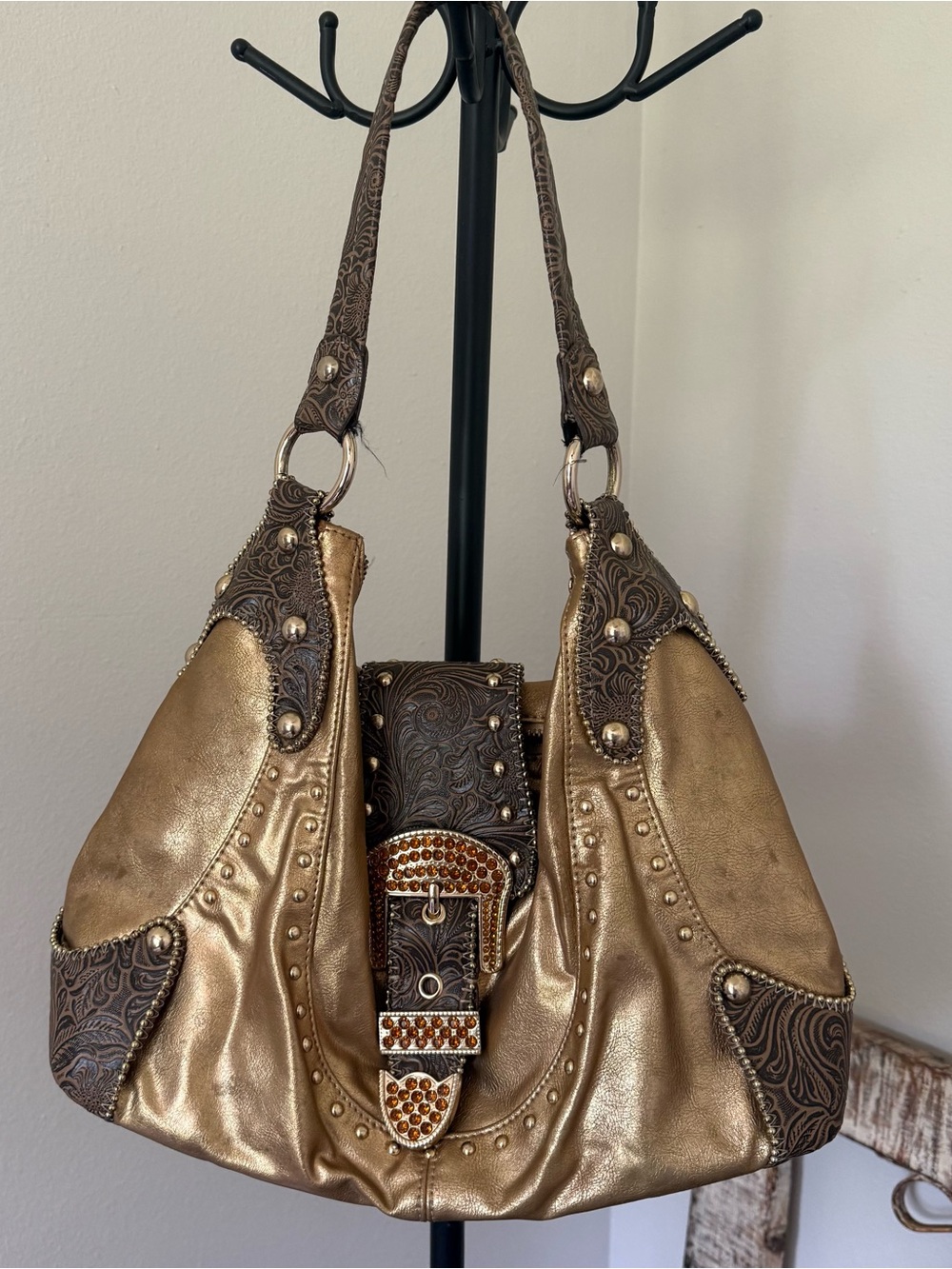 Vintage Y2K Kathy Van Zeeland Gold Western Rhinestone Buckle Hobo Bag McBling